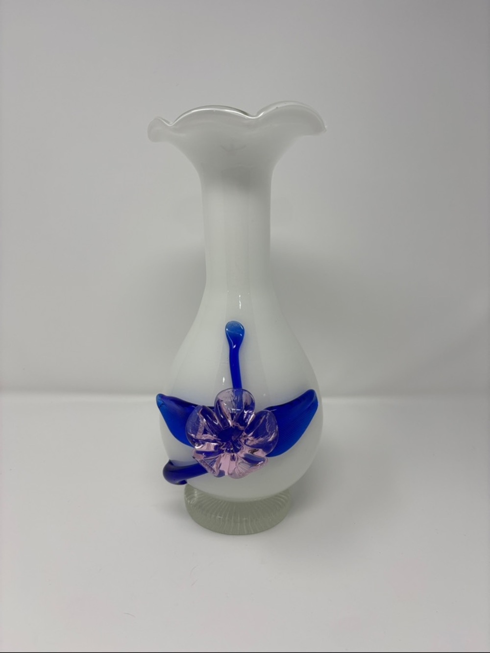 White Glass Bud Vase with Blue and Pink Flower Accent